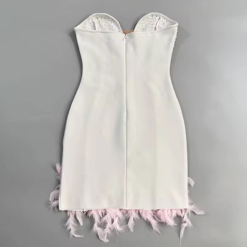 Tawni White Strapless Sweetheart Neck Mini Dress with Pink Crystals and Feather Embellishments