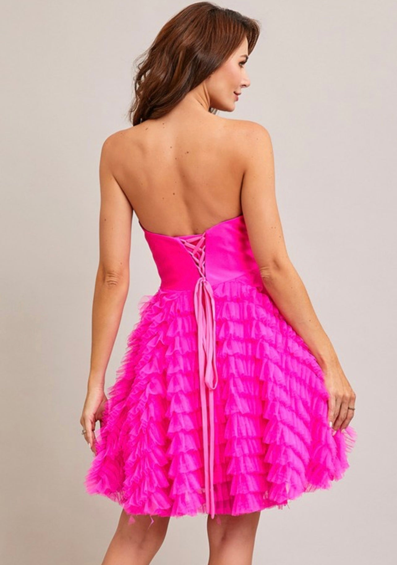 Kylie Hot Pink Pointed Corset Ruffled Tulle Mini Dress