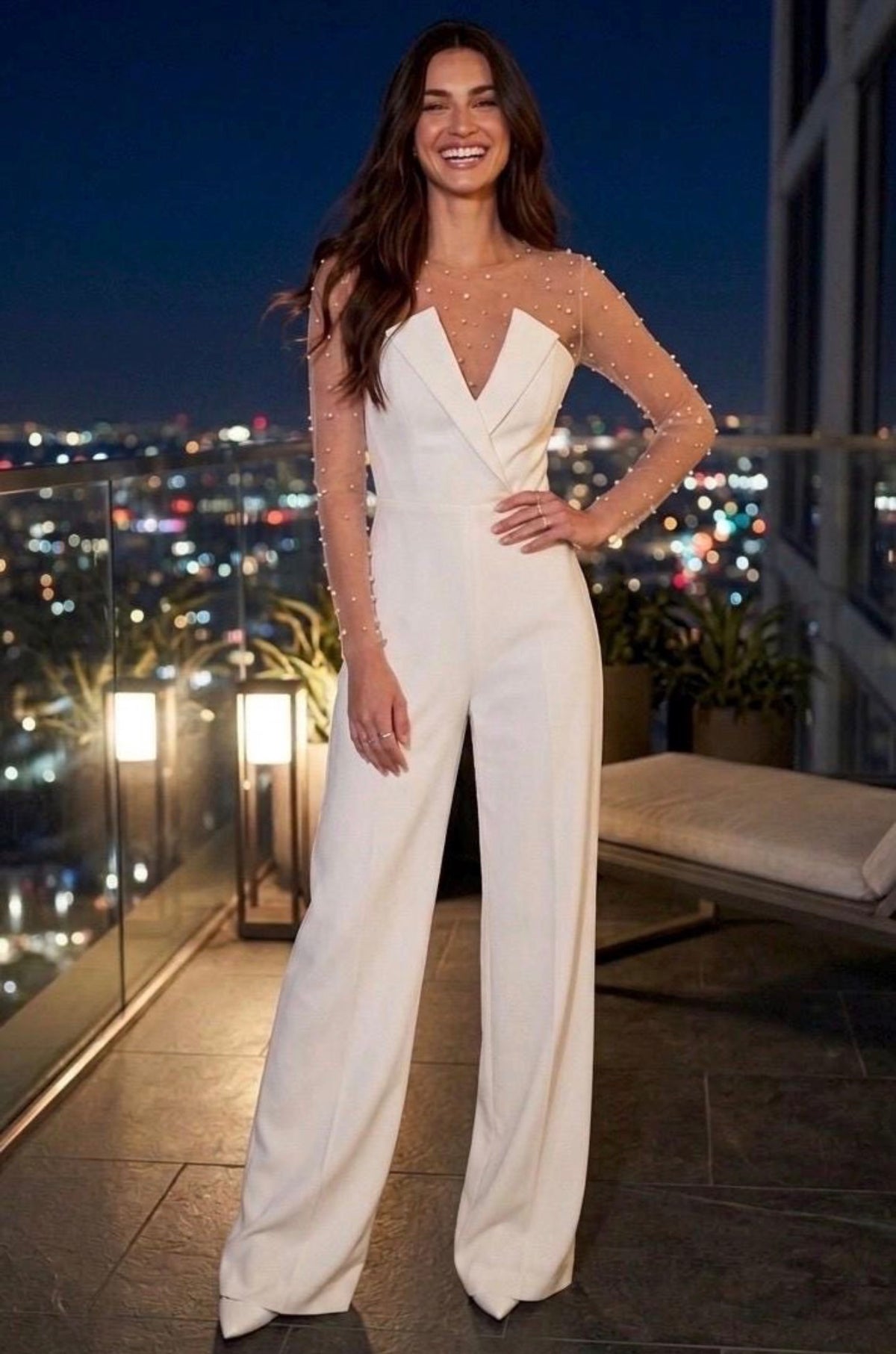 Jordana White Strapless VNeck Jumpsuit with Sheer Pearl Embellished Bodysuit