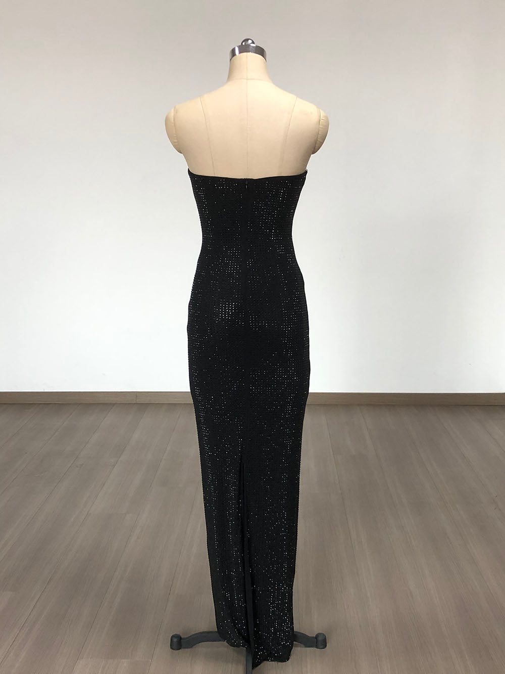 Marsella Black Strapless Crystal Embellished Rose Appliqué Maxi Dress