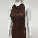 Matissa Mocha Sleeveless Draped Halter Crystal Embellished Razor Back Maxi Dress
