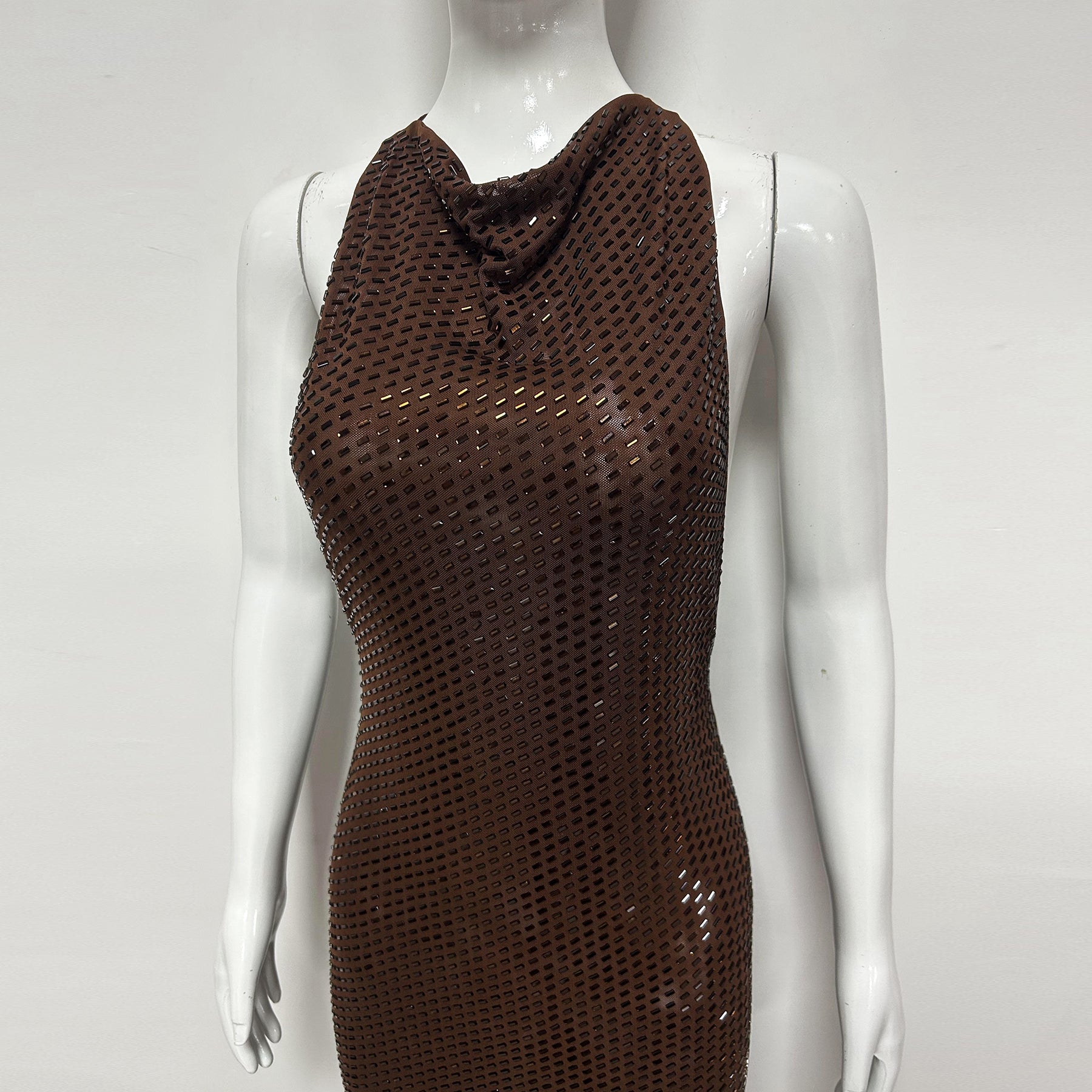 Matissa Mocha Sleeveless Draped Halter Crystal Embellished Razor Back Maxi Dress