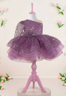 Mya Girls One Shoulder Long Sleeve Sequin Puff Tulle Mini Dress