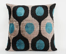 Handmade- Teal, Black, Beige Ikat Silk/Velvet Pillowcase 20"x20"