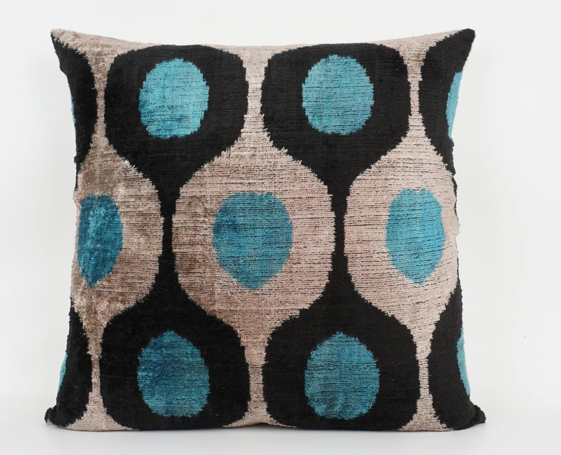 Handmade- Teal, Black, Beige Ikat Silk/Velvet Pillowcase 20"x20"