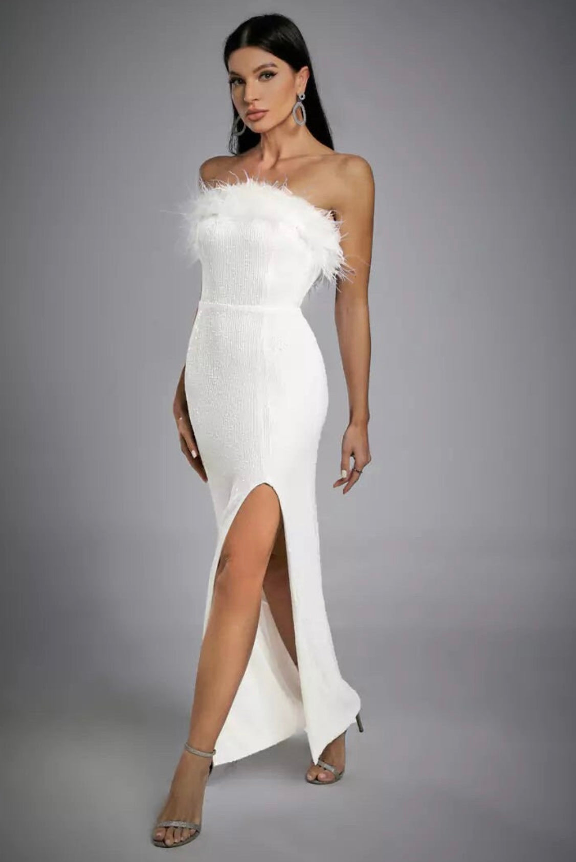 Anya White Sequin Maxi Dress with Feather Trim