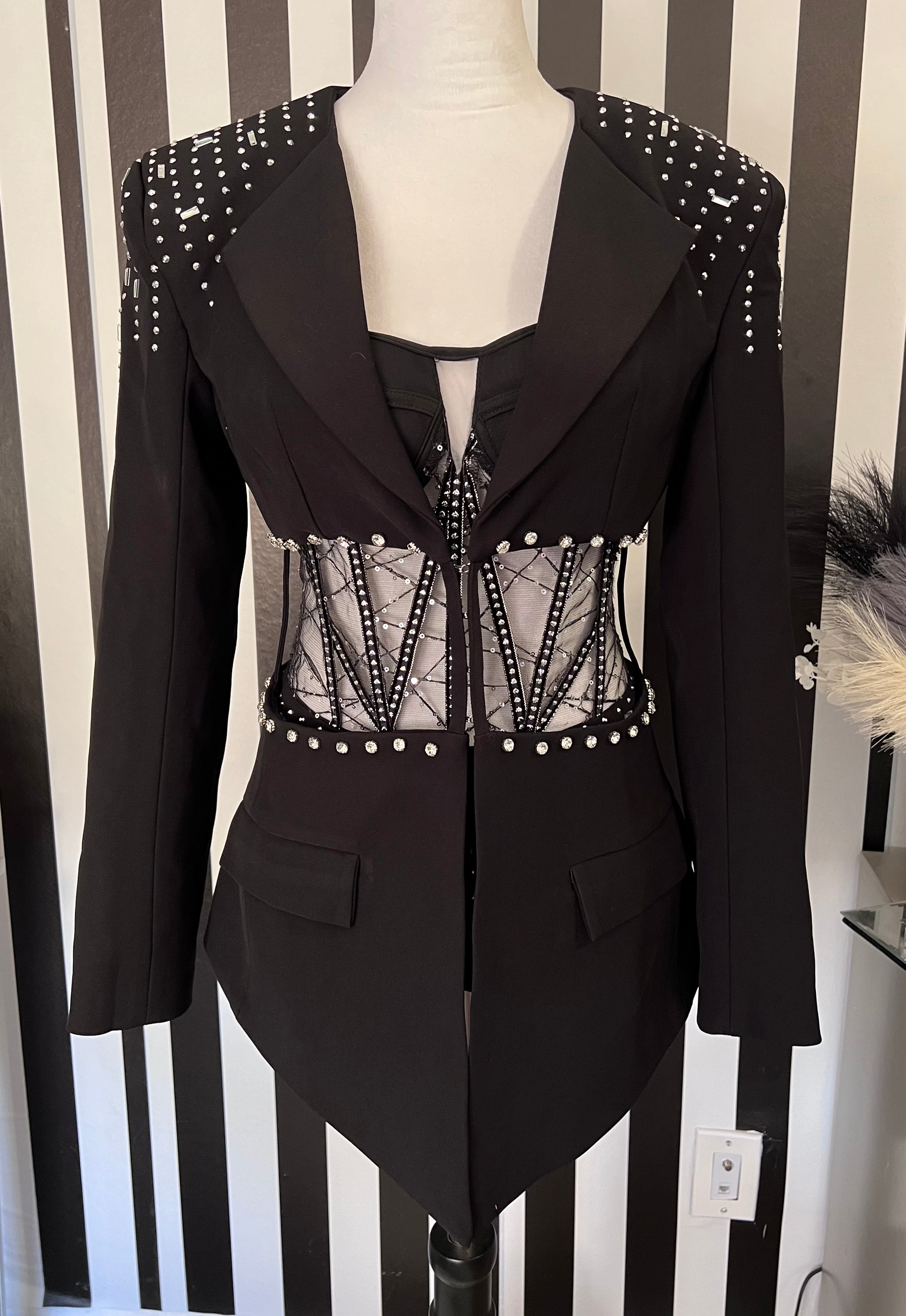 Teagan Strapless Sequin Crystal Embellished Mesh Corset Romper with Rhinestone Trim Cutout Blazer