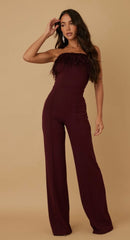 Everlynn Burgundy Strapless Feather Trim Wide Leg Jumpsuit