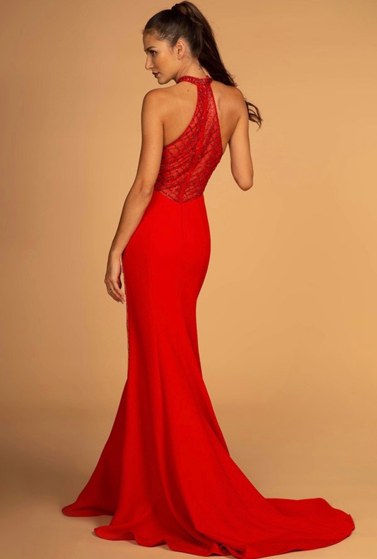 Elena Red Beaded Halter Razor Back Gown