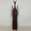 Matissa Mocha Sleeveless Draped Halter Crystal Embellished Razor Back Maxi Dress