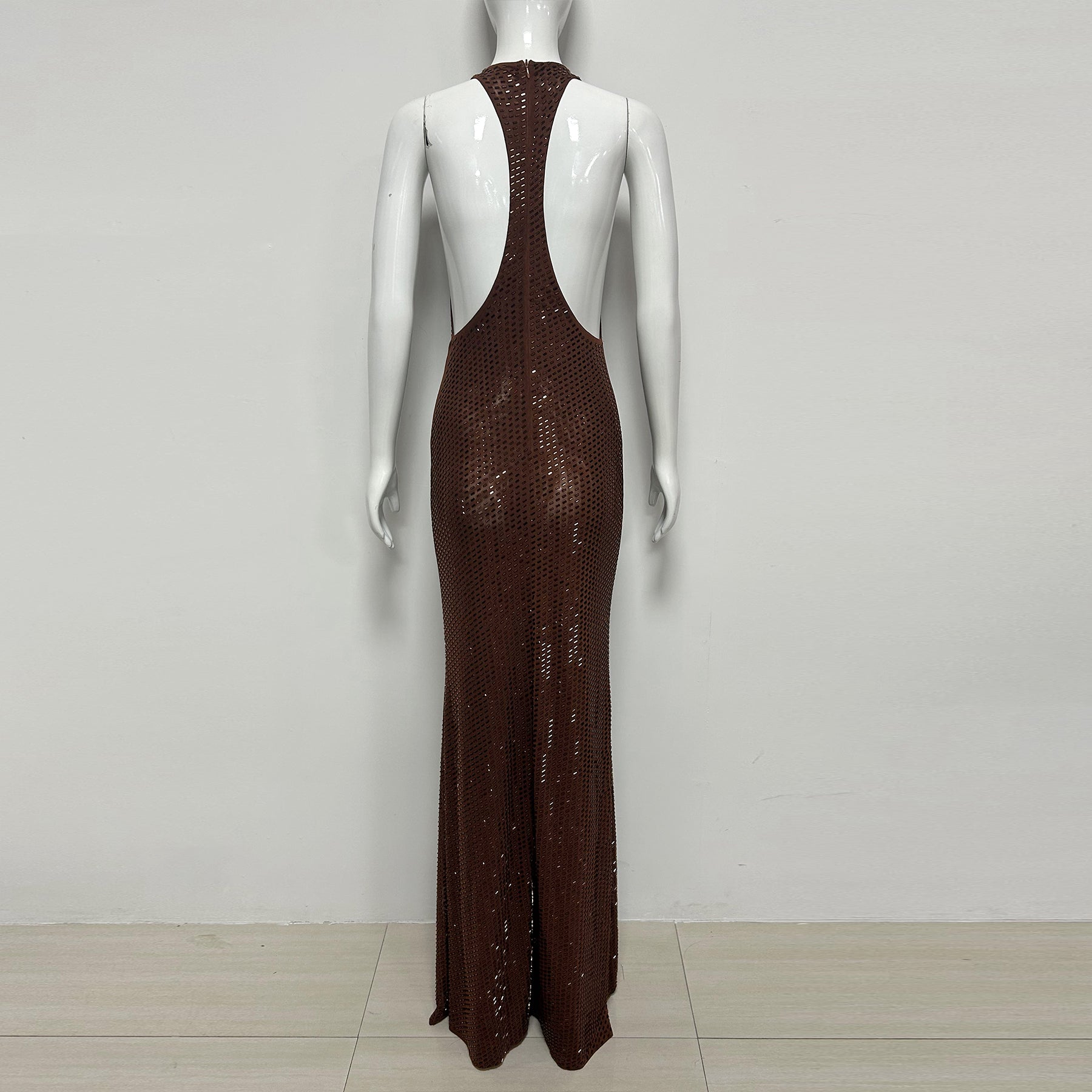 Matissa Mocha Sleeveless Draped Halter Crystal Embellished Razor Back Maxi Dress