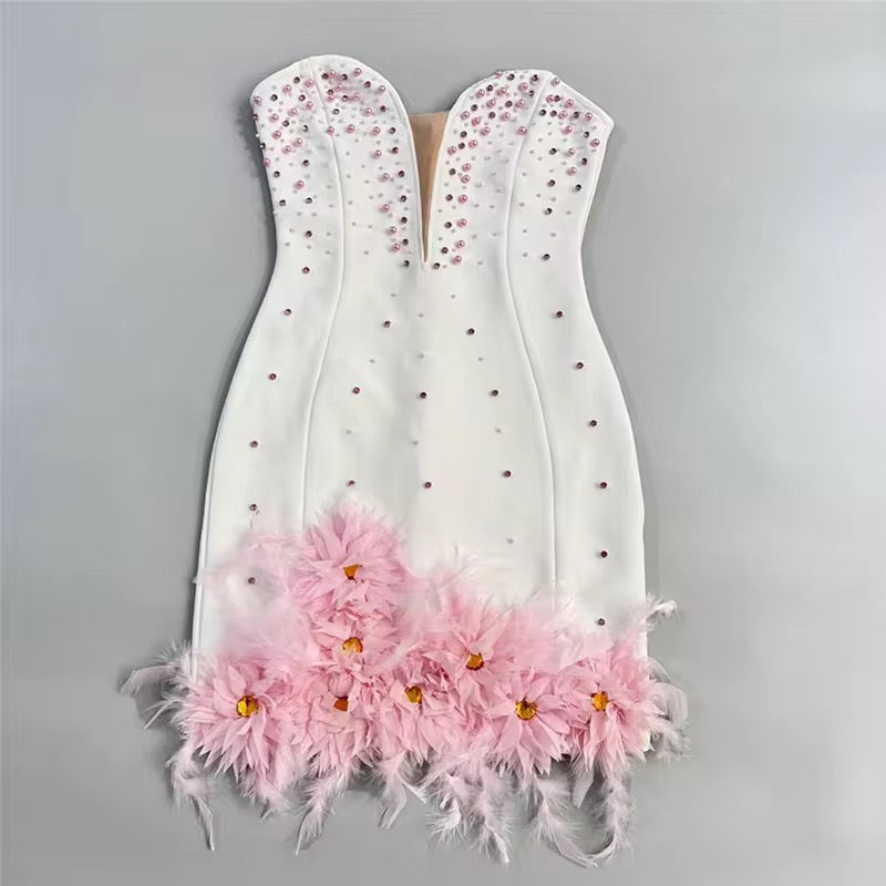 Tawni White Strapless Sweetheart Neck Mini Dress with Pink Crystals and Feather Embellishments