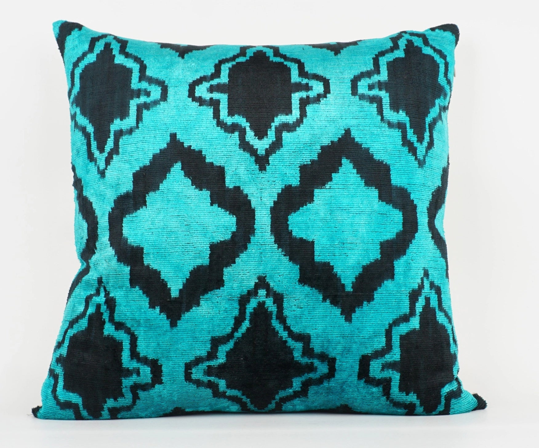 Handmade Teal and Black Ikat Silk/Velvet Pillowcase 20"x20"