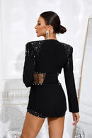 Teagan Strapless Sequin Crystal Embellished Mesh Corset Romper with Rhinestone Trim Cutout Blazer