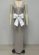 Irella Sleeveless Sequin Pattern Deep V White Bow Appliqué Maxi Dress