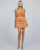 Mara Apricot Strapless Pleated Tiered Ruffle Mini Dress