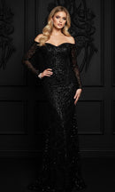 Erina Long Sleeve Off Shoulder Pearl and Bead Embellished Gown