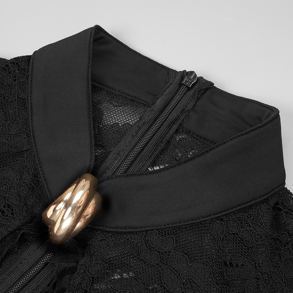 Tajay Black Lace Keyhole Mock Neck High Slit Maxi Dress