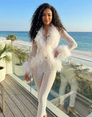 Nora Mesh Feather Bolero Cardigan and Mesh Pants Set