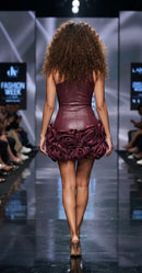 Emileigh Burgundy Faux Leather One Shoulder 3D Flower Mini Dress