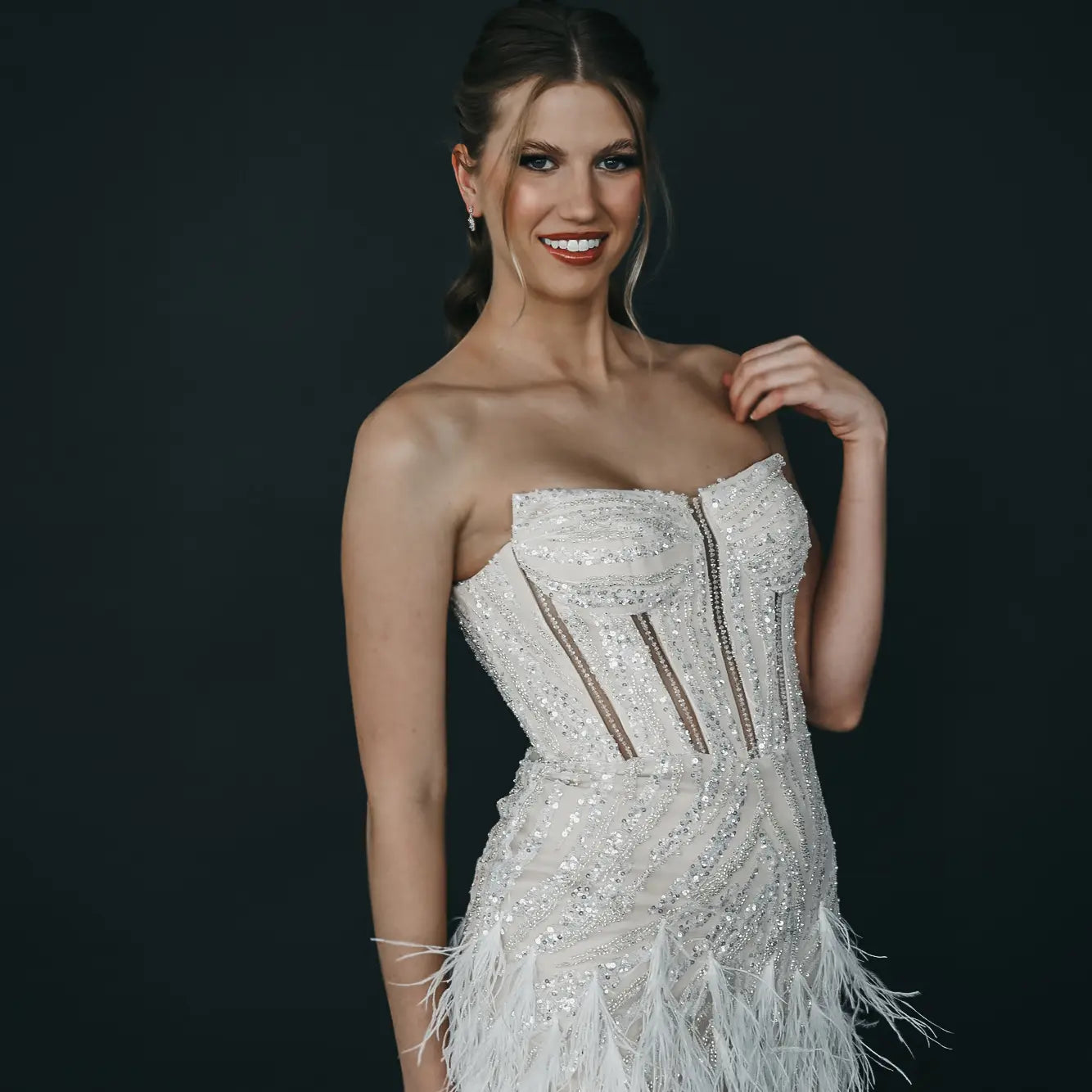 Lindsay Strapless Beaded Corset and Feather Embellished Mini Dress