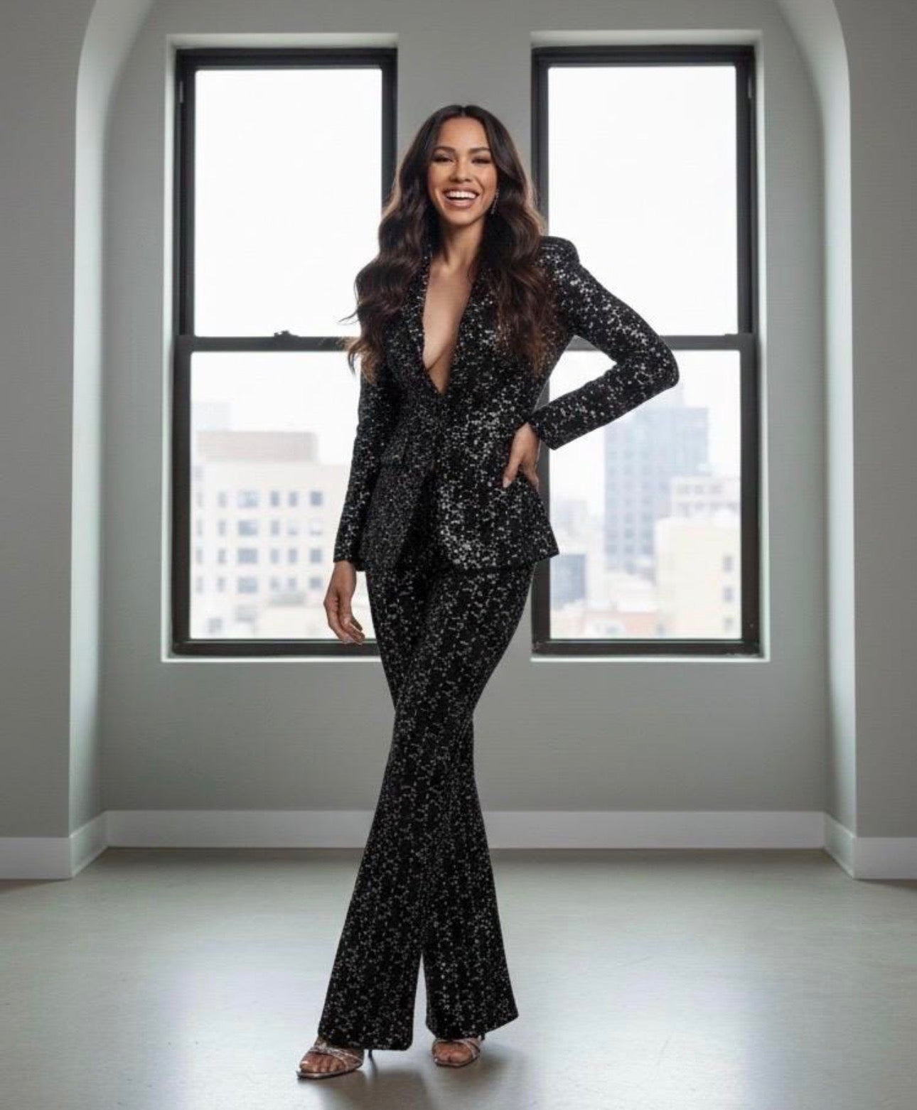 Lindsay Black Print Sequin Blazer and Pant Set