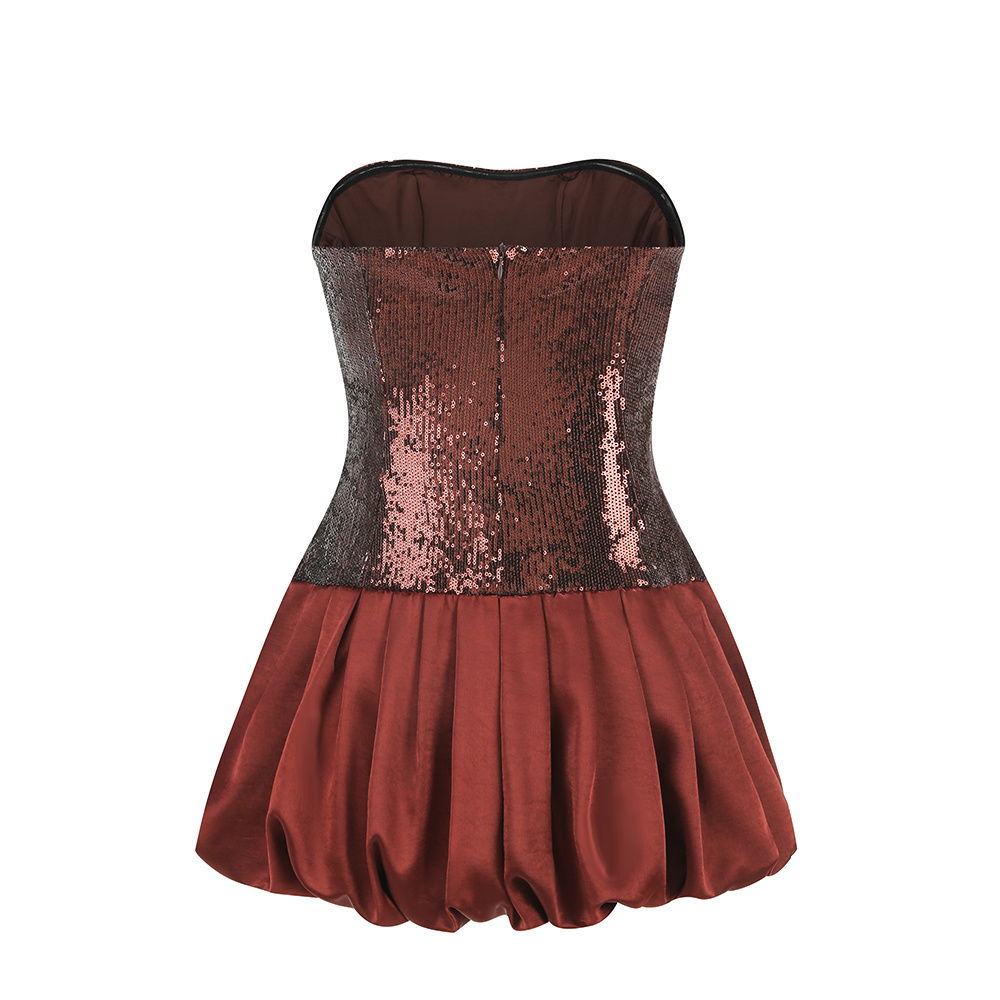 Marley Burgundy Brown Strapless Sequin Bodice Satin Ruffle Skirt Mini Dress