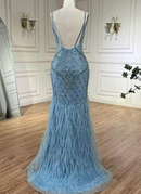 Odeya Blue Beaded Feather Embellished Mermaid Gown