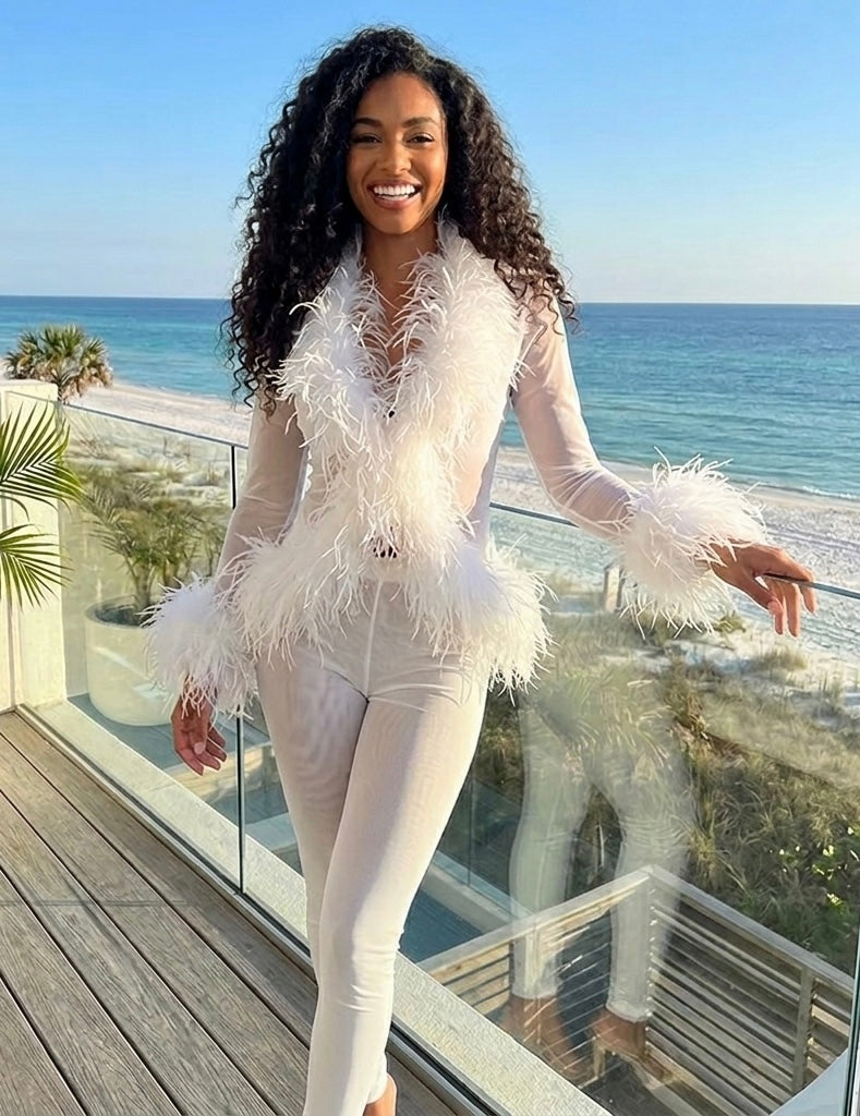 Nora Mesh Feather Bolero Cardigan and Mesh Pants Set