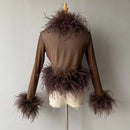 Cassie Sheer Long Sleeve Cardigan with Feather Collar and Sleeve Trim