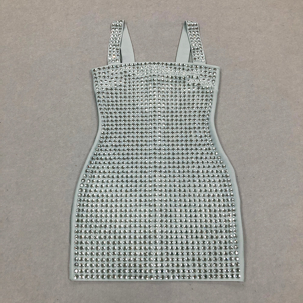 Aniah Silver Gray Crystal Embellished Sleeveless Mini Dress