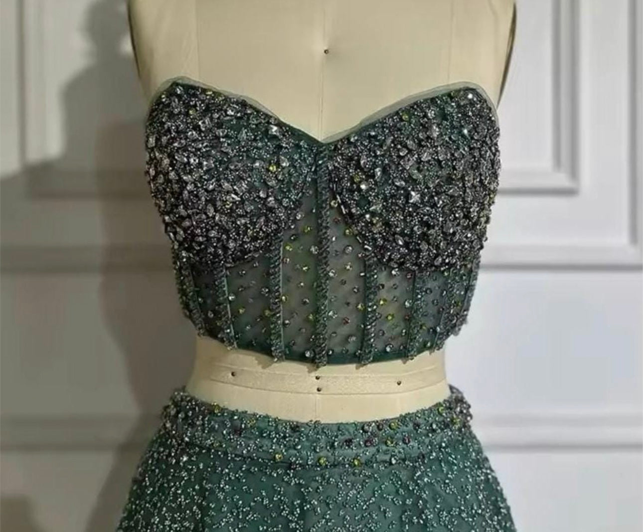 Mila Teal Crystal Bead Embellished Corset Crop Top and ALine Full Skirt Set Gown