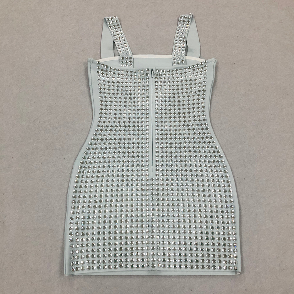 Aniah Silver Gray Crystal Embellished Sleeveless Mini Dress