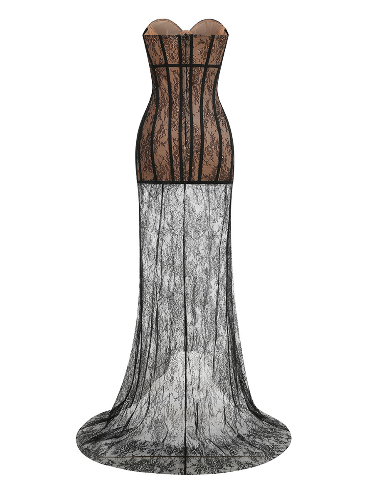 Harlett Strapless Sweetheart Neck Black Lace Nude Lining Maxi Train Dress