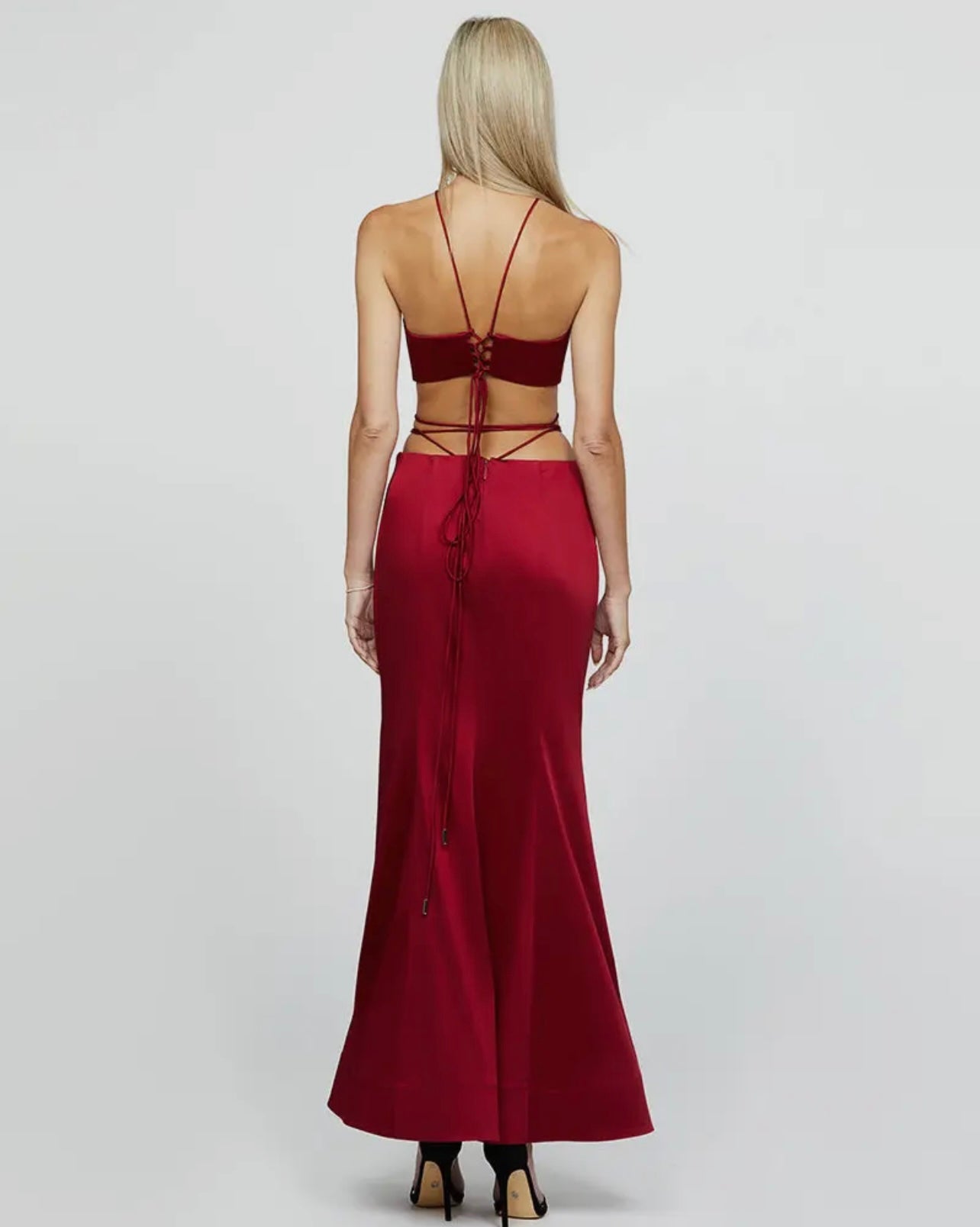 Cici Red Strappy Halter Crop and Maxi Skirt Gown Set