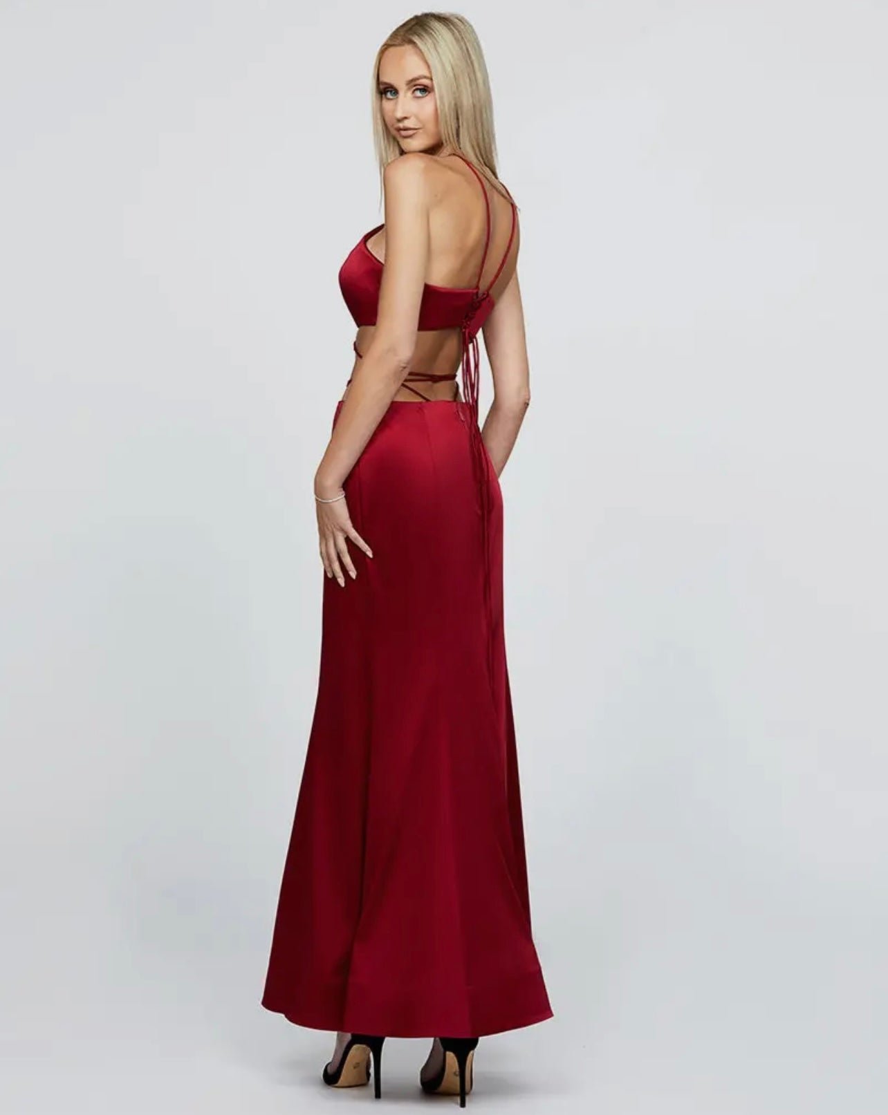 Cici Red Strappy Halter Crop and Maxi Skirt Gown Set