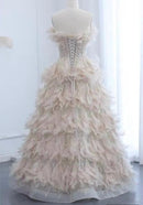 Fia Ivory Pink Strapless Beaded Corset Full Feather Gown