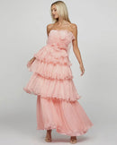 Ava Strapless Rosette Design Pleated Bodice Tiered Organza Maxi Dress