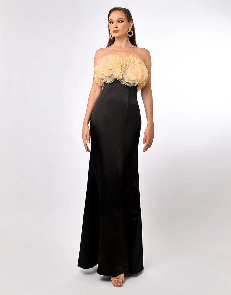 Petra Strapless Beige 3D Organza Floral Trim Black Satin Maxi Gown