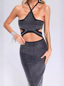 Lily Black Crystal Halter Cutout Midi Dress