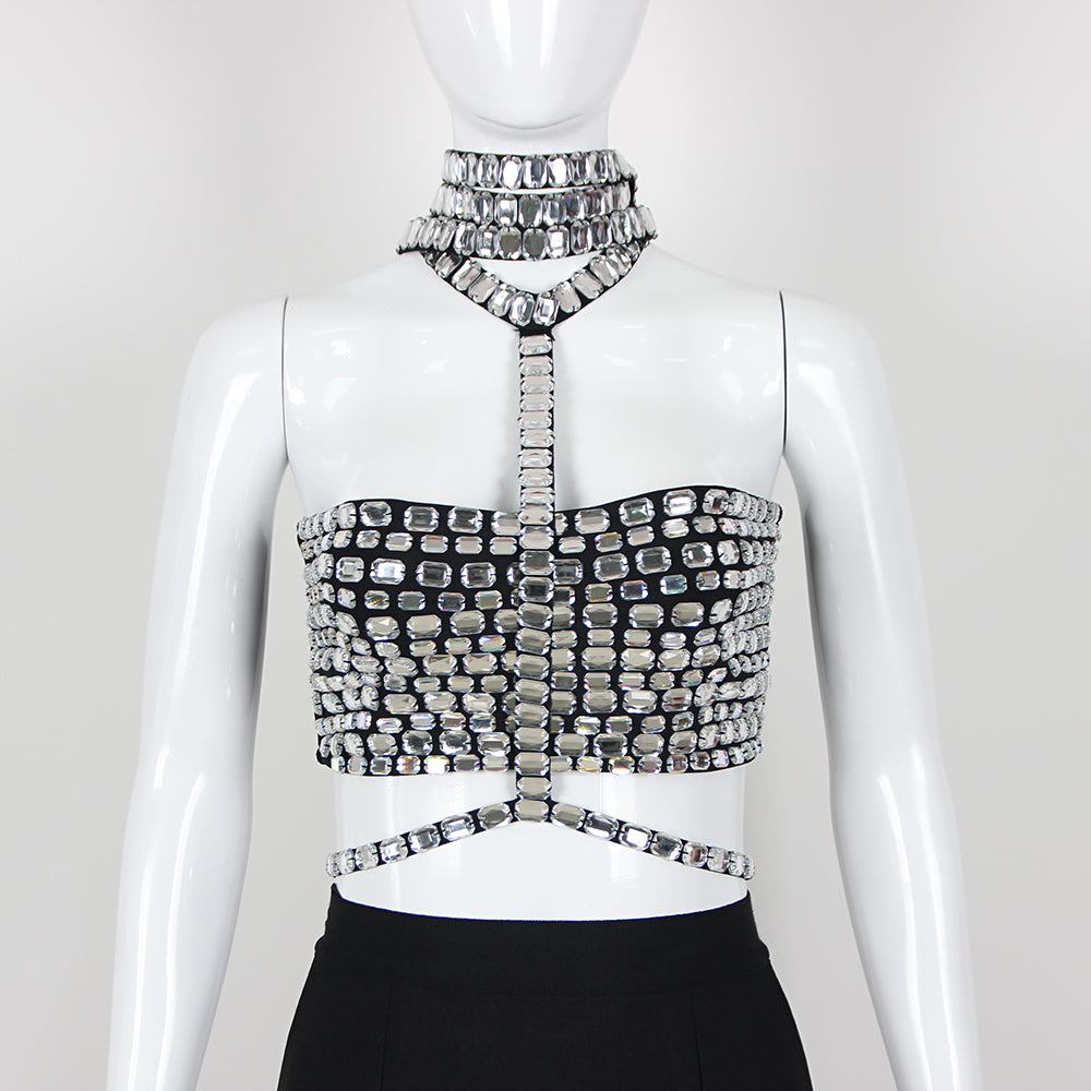 Ines Rhinestone Crystal Halter Crop Top