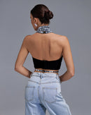 Ines Rhinestone Crystal Halter Crop Top