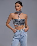 Ines Rhinestone Crystal Halter Crop Top