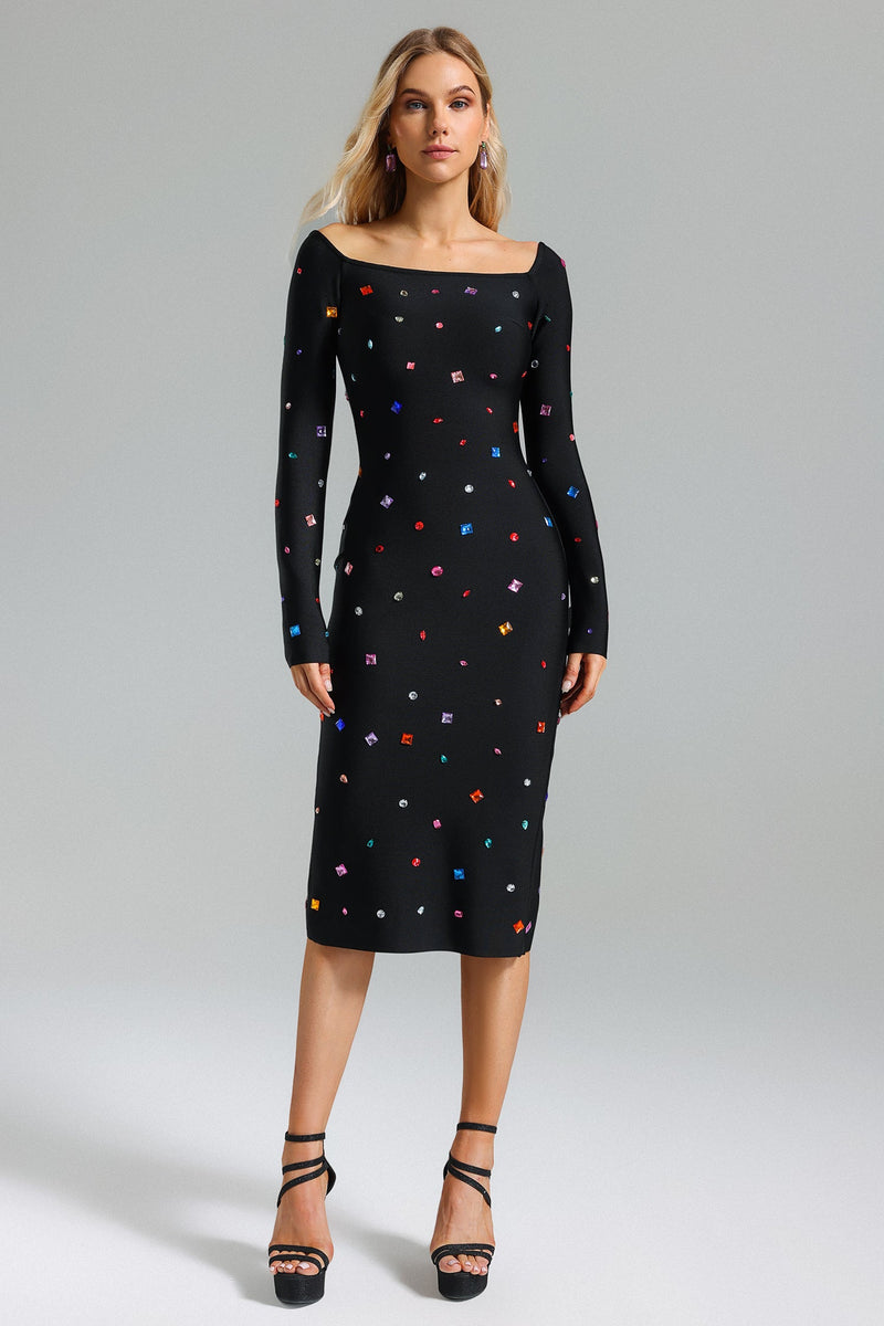 Rosey Black Long Sleeve Colorful Gem Midi Dress