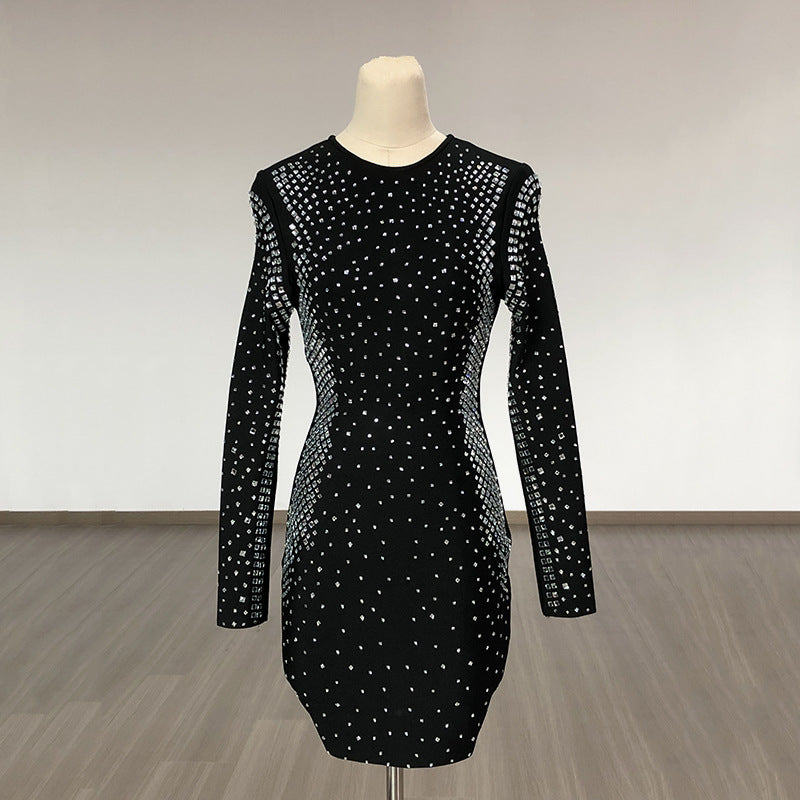 Kyla Black Long Sleeve Rhinestone Mini Dress