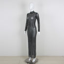 Sayde Black Silver Cyrstal Long Sleeve Mock Neck Mesh Maxi Dress