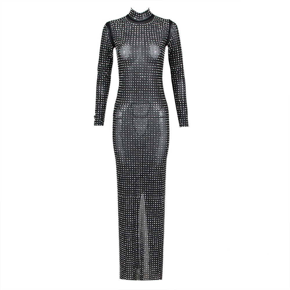 Sayde Black Silver Cyrstal Long Sleeve Mock Neck Mesh Maxi Dress