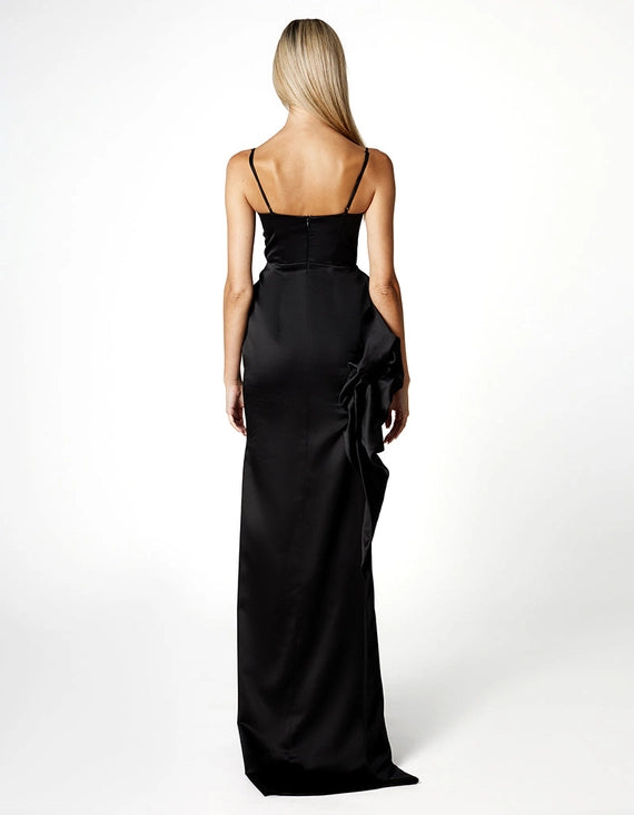 Brielle Black Sleeveless Satin Ruffle High Slit Maxi Gown