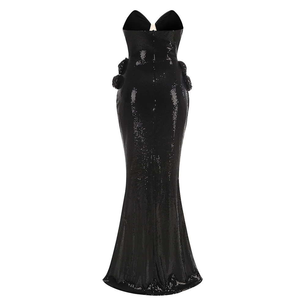 Athena Black Strapless Pointed Bodice Floral Waist Applique Sequin Maxi Dress