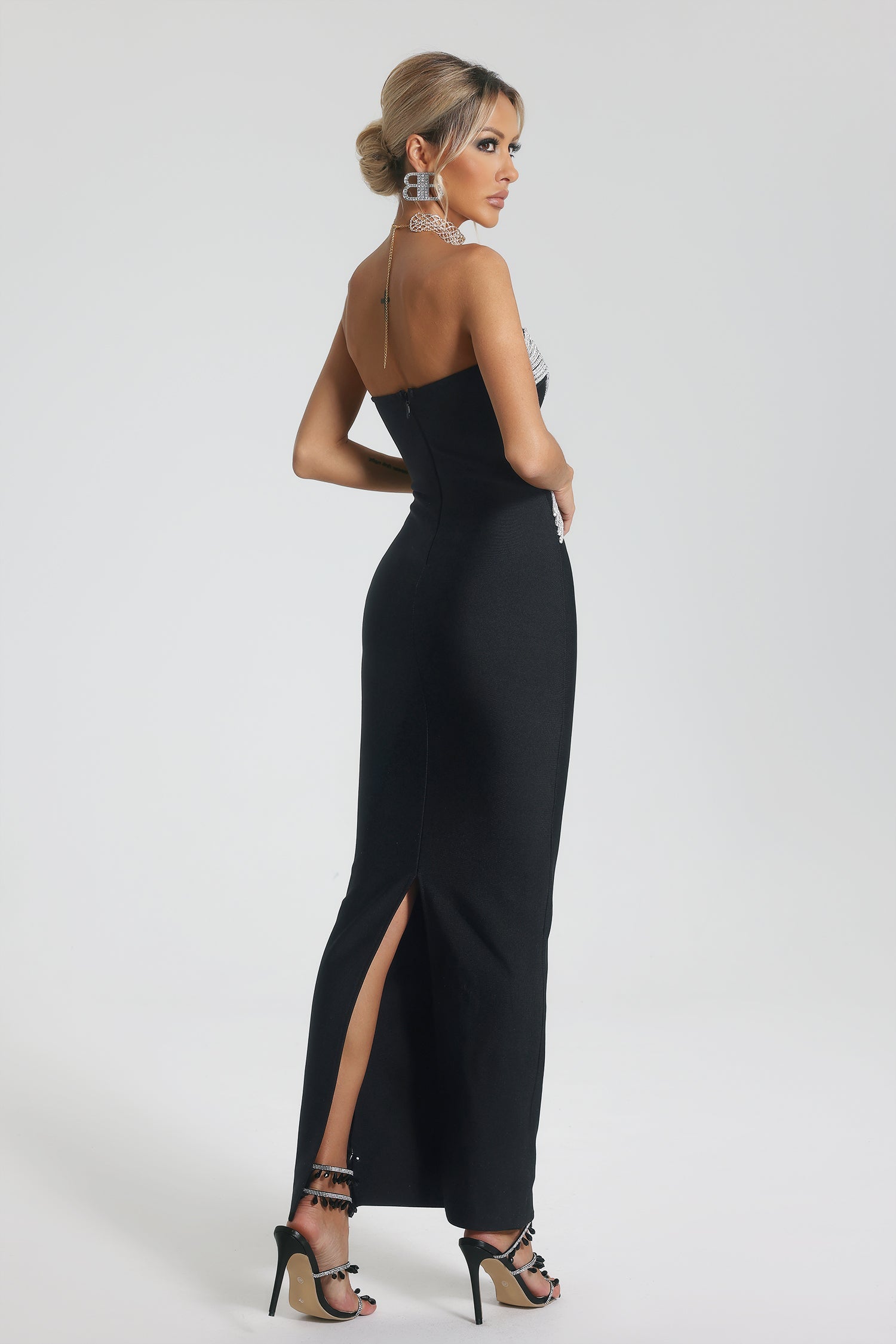 Karsyn Black Strapless Silver Wave Detail Bandage Maxi Dress